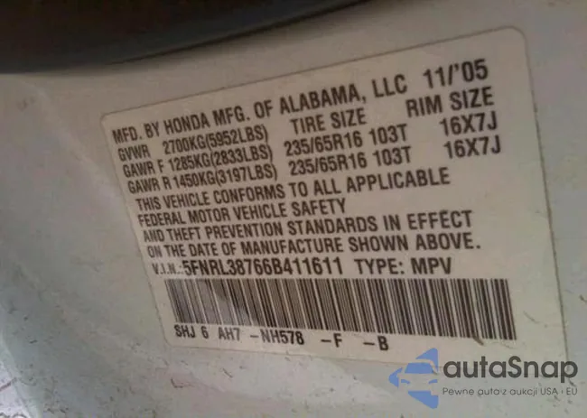 5FNRL38766B411611: 11414491