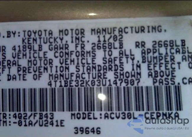 4T1BE32K03U147907: 12722780