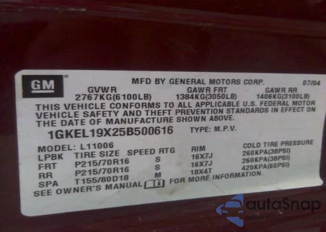 1GKEL19X25B500616: 13793475