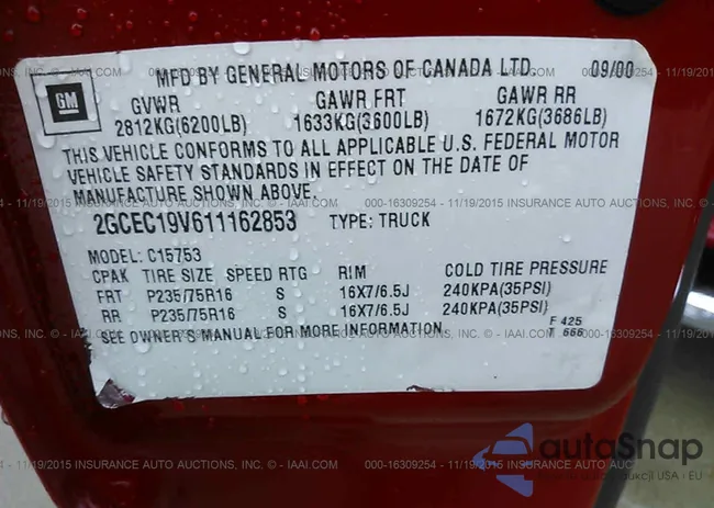 2GCEC19V611162853: 16309254