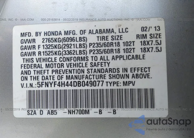 5FNYF4H44DB049077: 25183814