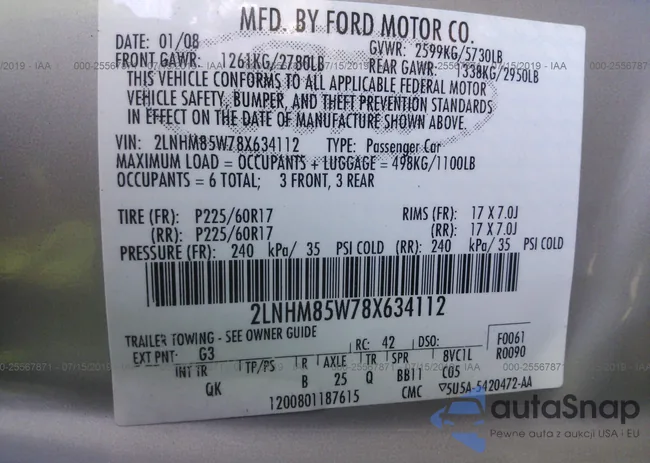 2LNHM85W78X634112: 25567871