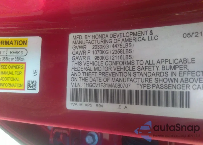 1HGCV1F31MA080707: 32390746