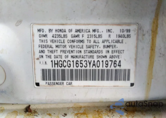 1HGCG1653YA019764: 33483283