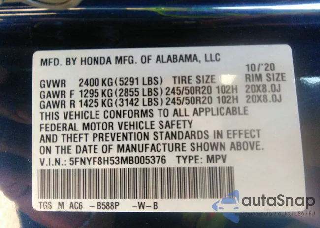 5FNYF8H53MB005376: 34234350