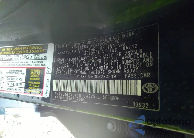 4T4BF1FK3CR233519: 34782900