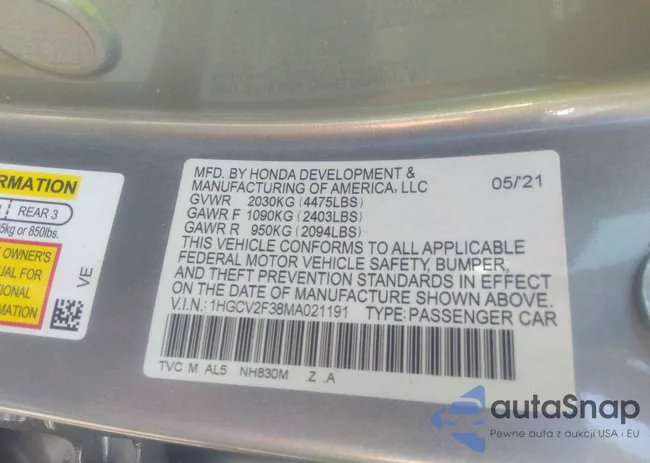 1HGCV2F38MA021191: 37124677