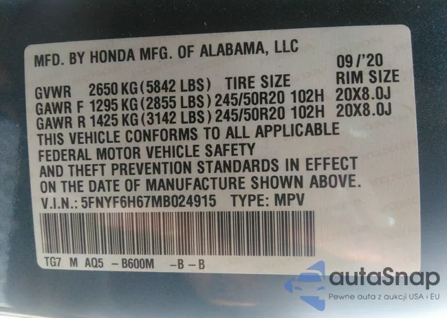 5FNYF6H67MB024915: 37400419