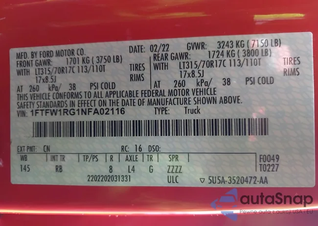 1FTFW1RG1NFA02116: 38216541