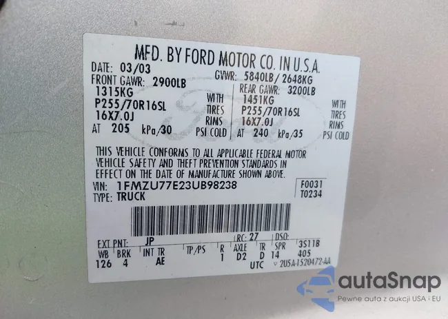 1FMZU77E23UB98238: 38272493