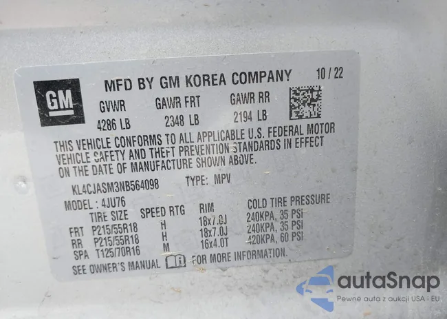 KL4CJASM3NB564098: 38400057