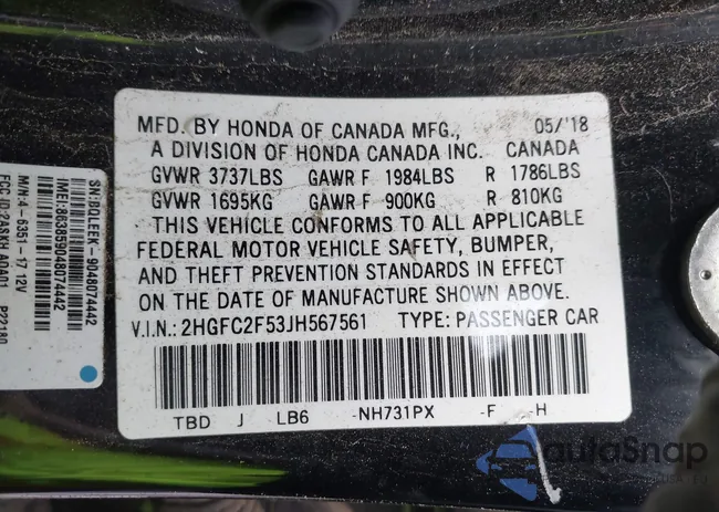 2HGFC2F53JH567561: 38475968