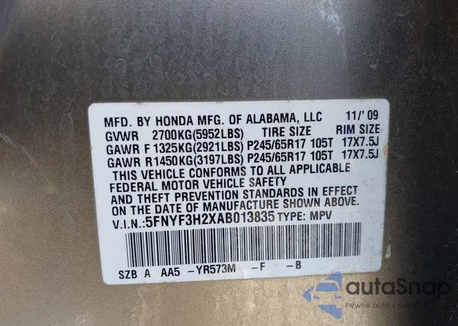 5FNYF3H2XAB013835: 38953920