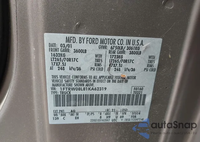 1FTRW08L81KA62319: 39220831