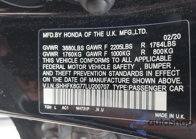 SHHFK8G77LU200707: 39405346