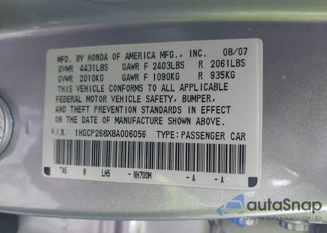 1HGCP268X8A006056: 38595018