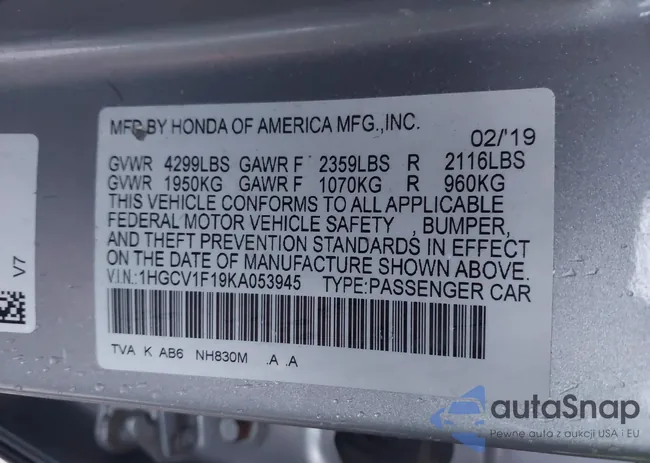 1HGCV1F19KA053945: 38596709