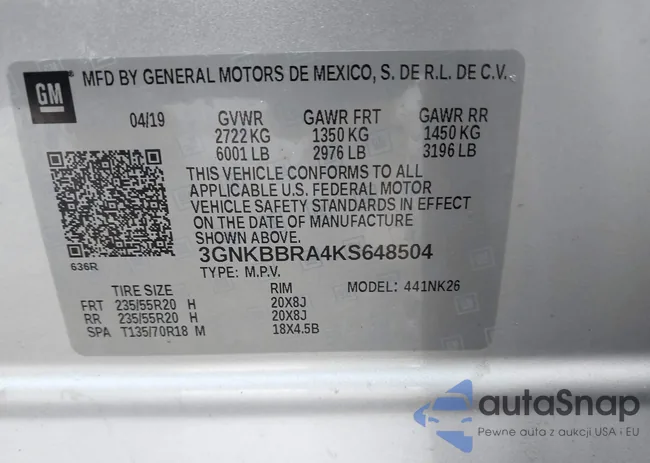 3GNKBBRA4KS648504: 38647099