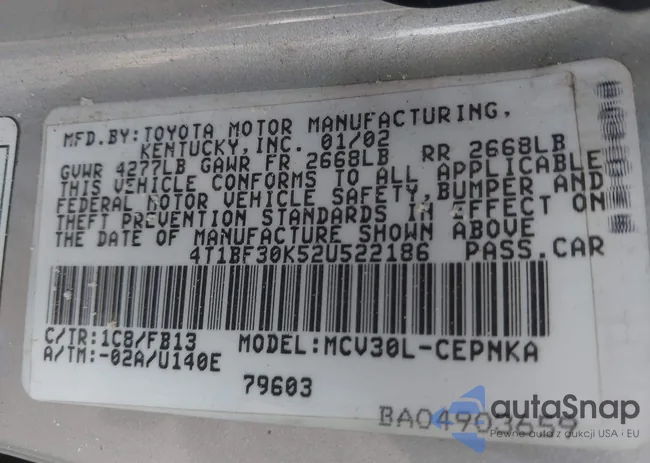 4T1BF30K52U522186: 38752913