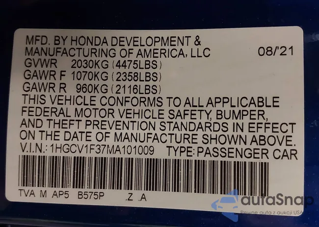 1HGCV1F37MA101009: 38757089