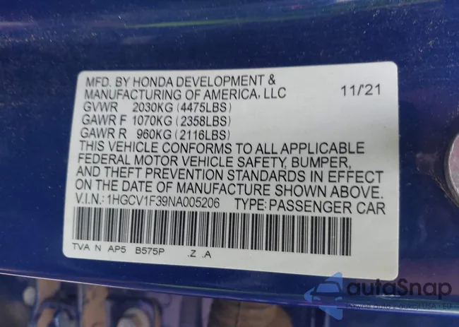 1HGCV1F39NA005206: 39993179