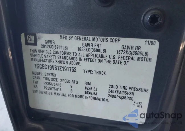 1GCEC19V61Z191762: 39994227