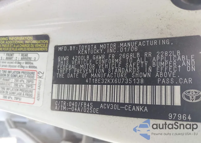 4T1BE32KX6U735138: 40030384