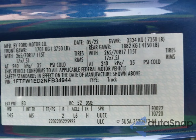 1FTFW1ED2NFB34944: 40033012