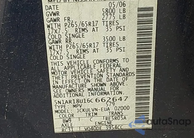 5N1AR18U16C662647: 40042721