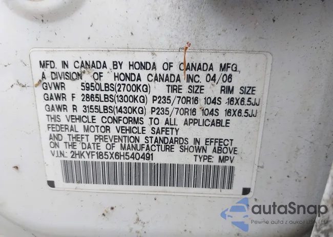 2HKYF185X6H540491: 40047922