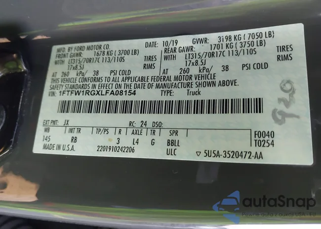 1FTFW1RGXLFA08154: 40050106