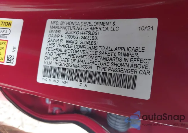 1HGCV2F31MA033666: 40056019