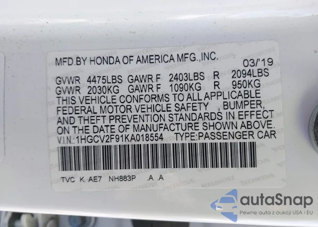 1HGCV2F91KA018554: 40056216