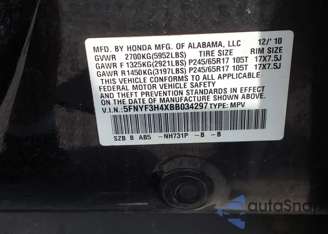 5FNYF3H4XBB034297: 40057800