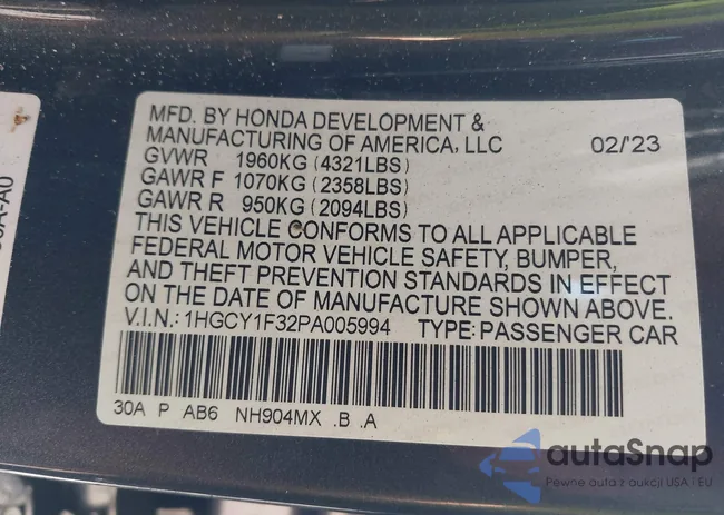 1HGCY1F32PA005994: 40085985