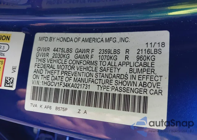 1HGCV1F34KA021731: 40087038