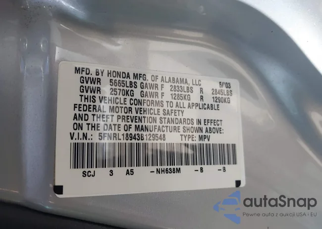 5FNRL18943B129548: 40130095