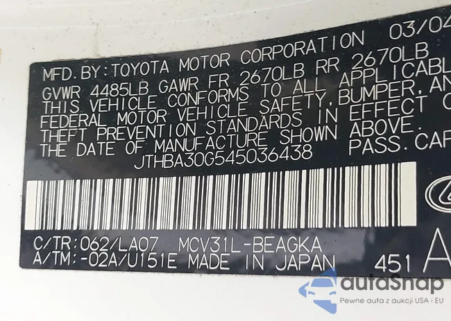 JTHBA30G545036438: 40148160