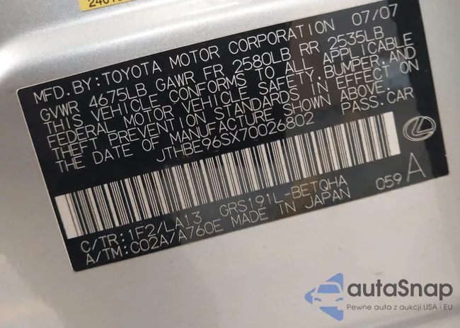 JTHBE96SX70026802: 40186830