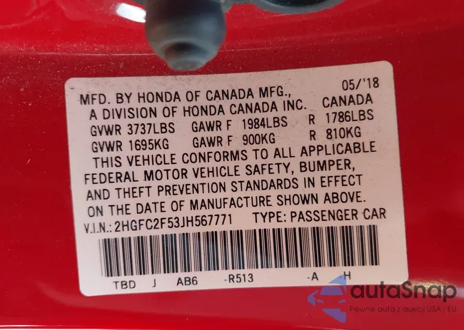 2HGFC2F53JH567771: 40208487