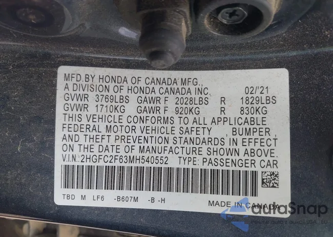 2HGFC2F63MH540552: 40213308