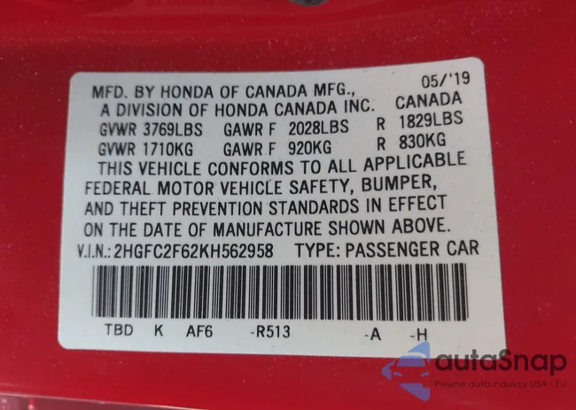 2HGFC2F62KH562958: 40266812