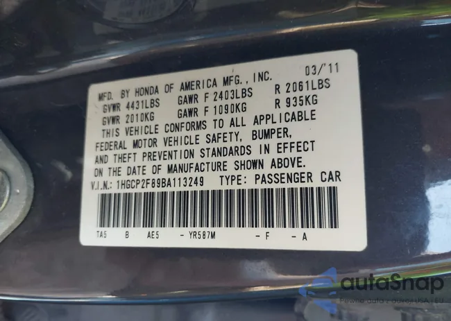 1HGCP2F89BA113249: 40268833