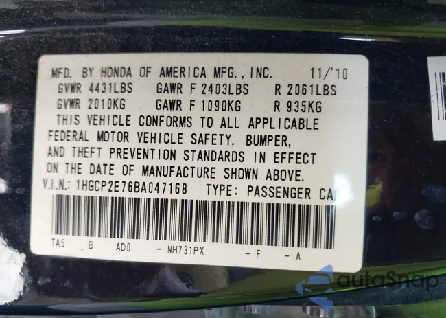 1HGCP2E76BA047168: 40275484