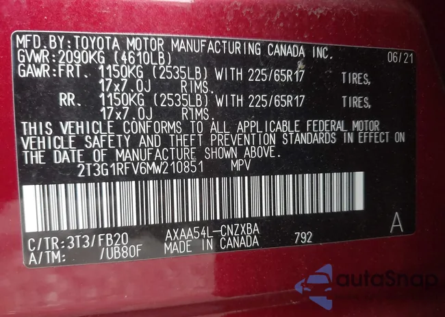 2T3G1RFV6MW210851: 40288342