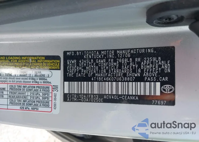 4T1BE46K07U638807: 40298032