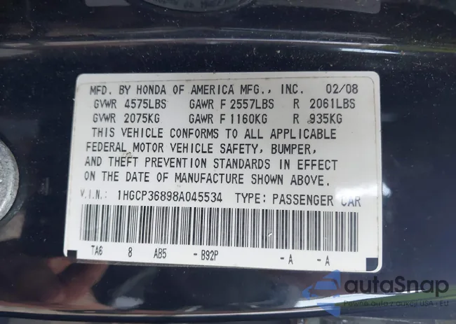 1HGCP36898A045534: 40307192