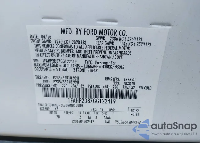 1FAHP2D87GG122419: 40307320