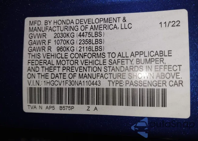 1HGCV1F30NA110443: 40341582