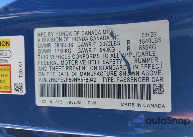 2HGFE2F59NH576040: 40365049